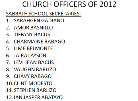 LSDA 2012 Officers-Sabbath School Secretaries